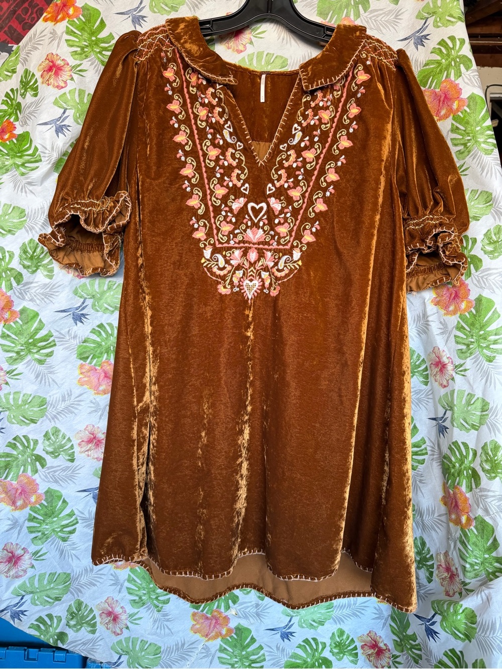 Free People Rust Velvet Embroidered Freya Flora Dress